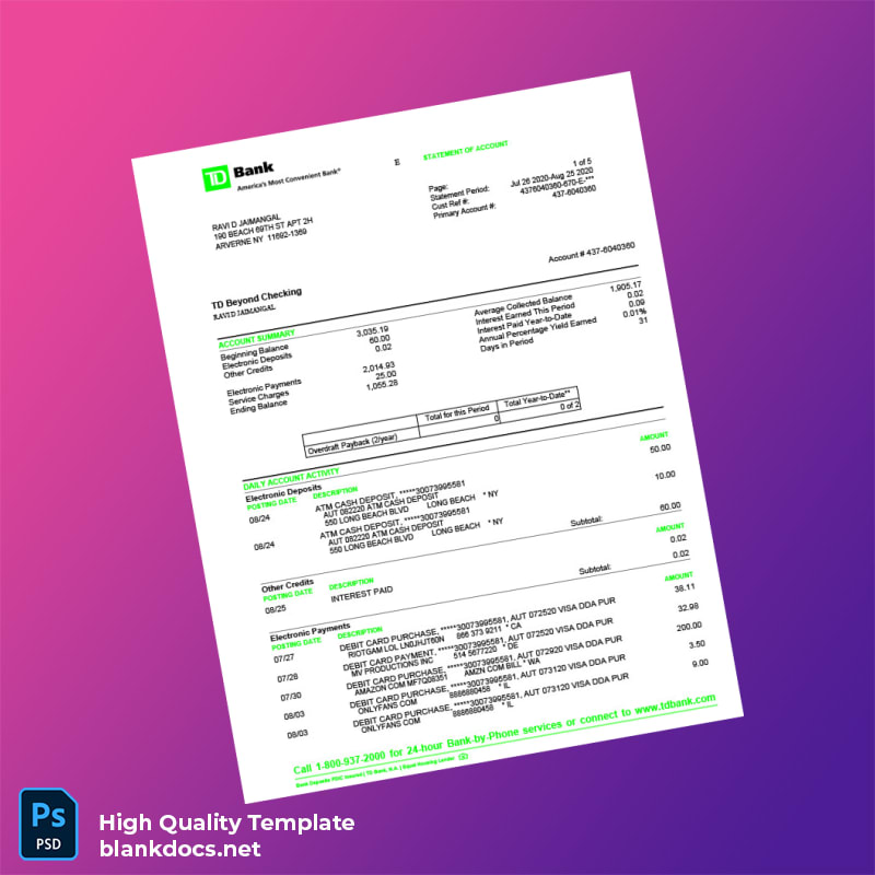 USA TD Bank Statement Template in Word and PDF formats