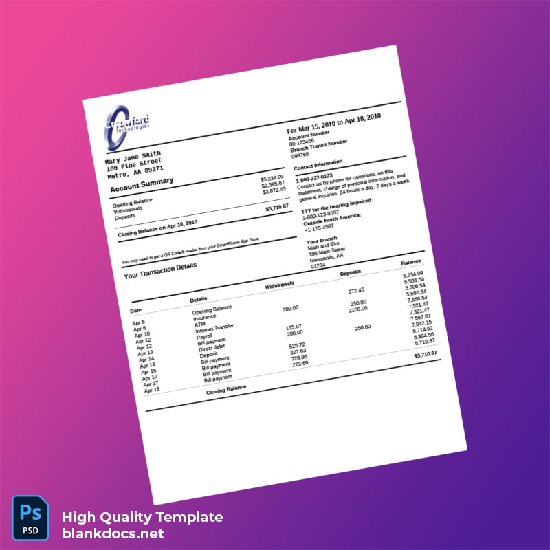 USA Template Bank Statement Template in Word and PDF formats