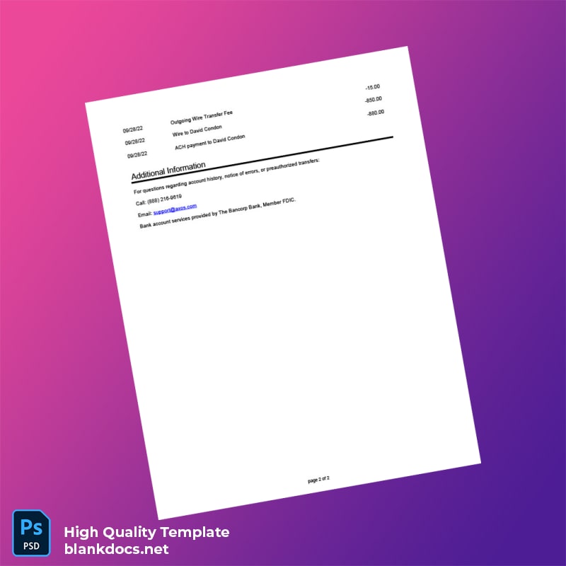 USA The Bancorp Bank Account Statement Template in Word and PDF formats page 2