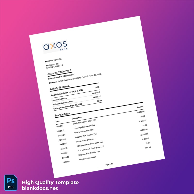 USA The Bancorp Bank Account Statement Template in Word and PDF formats