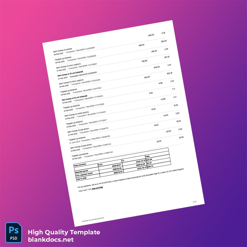 USA TransferWise Ltd Bank Statement Template in Word and PDF formats page 3