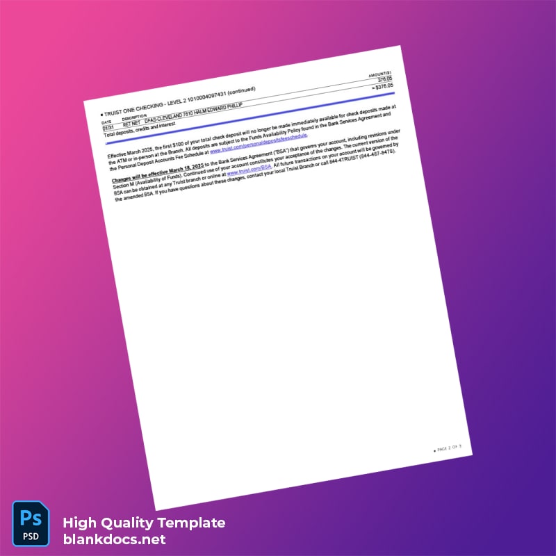 USA Truist Bank Statement Template in Word and PDF formats page 2