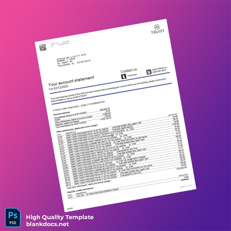 USA Truist Bank Statement Template in Word and PDF formats