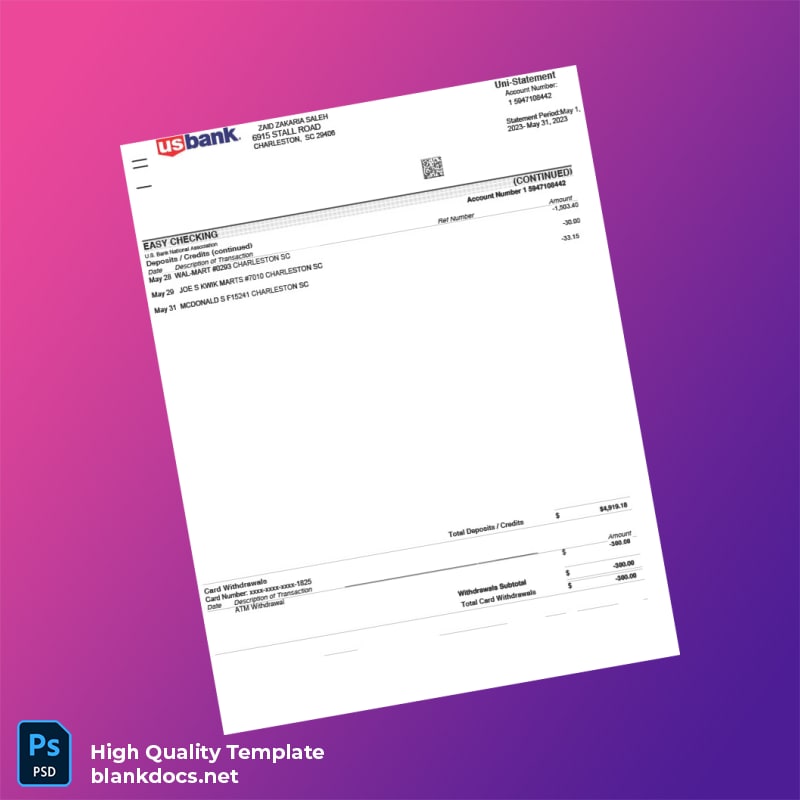 USA U S Bank Bank Statement Template in Word and PDF formats page 2