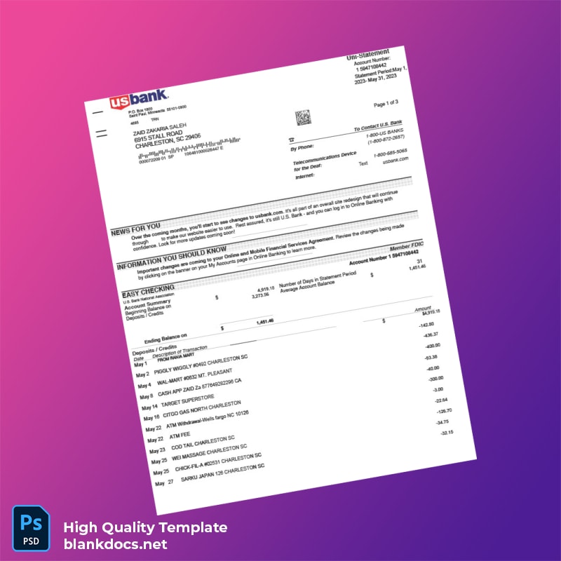 USA U S Bank Bank Statement Template in Word and PDF formats