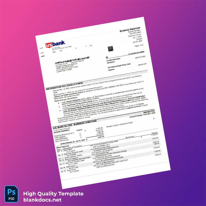 USA US Bank Bank Statement Template in Word and PDF formats page 5