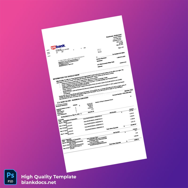USA US Bank Business Statement Template in Word and PDF formats