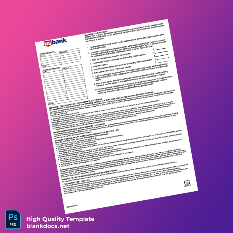 USA US Bank Statement Template in Word and PDF formats page 2