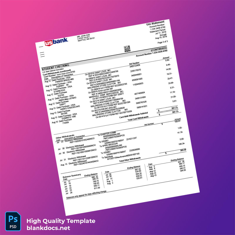 USA US Bank Statement Template in Word and PDF formats page 4