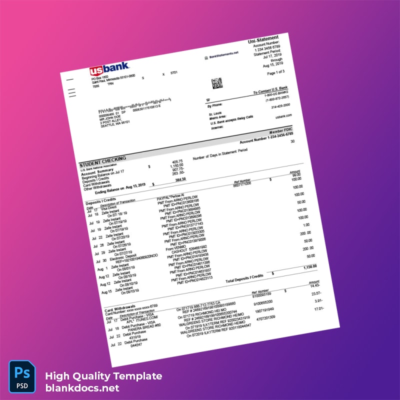 USA US Bank Statement Template in Word and PDF formats