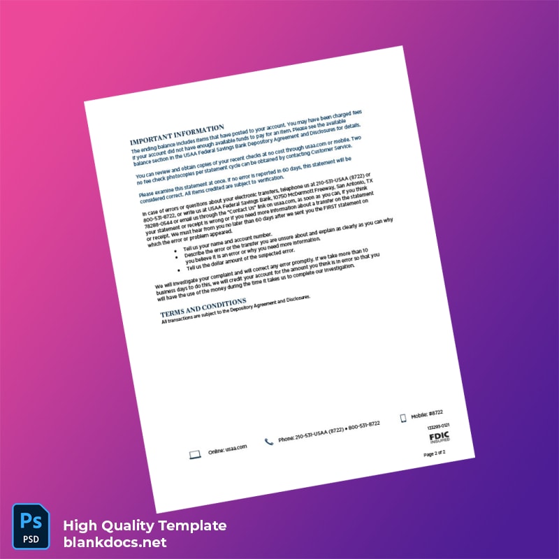 USA USAA Bank Statement Template in Word and PDF formats page 2