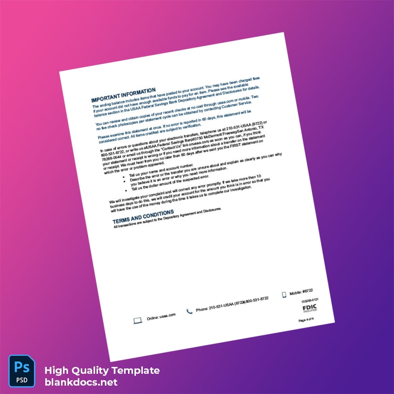 USA USAA Federal Savings Bank Account Statement Template in Word and PDF formats page 4