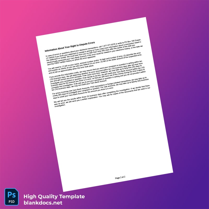 USA Varo Bank Statement Template in Word and PDF formats page 2