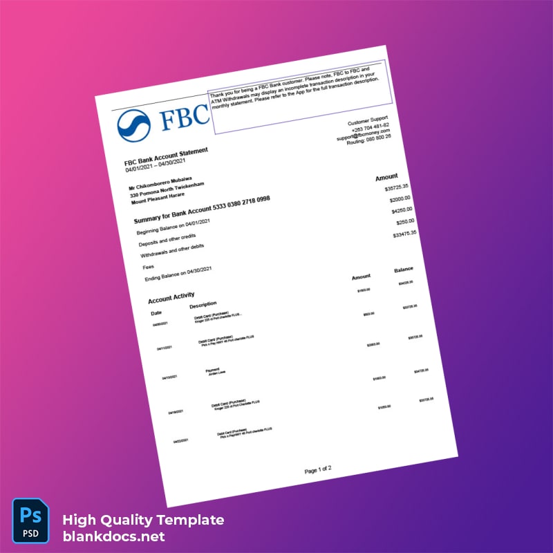 USA Varo Bank Statement Template in Word and PDF formats