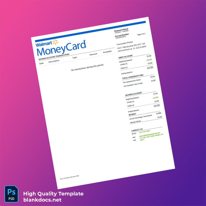 USA Walmart Money Card Bank Statement Template in Word and PDF formats page 2