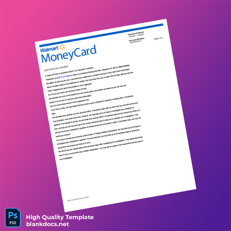 USA Walmart Money Card Bank Statement Template in Word and PDF formats page 3