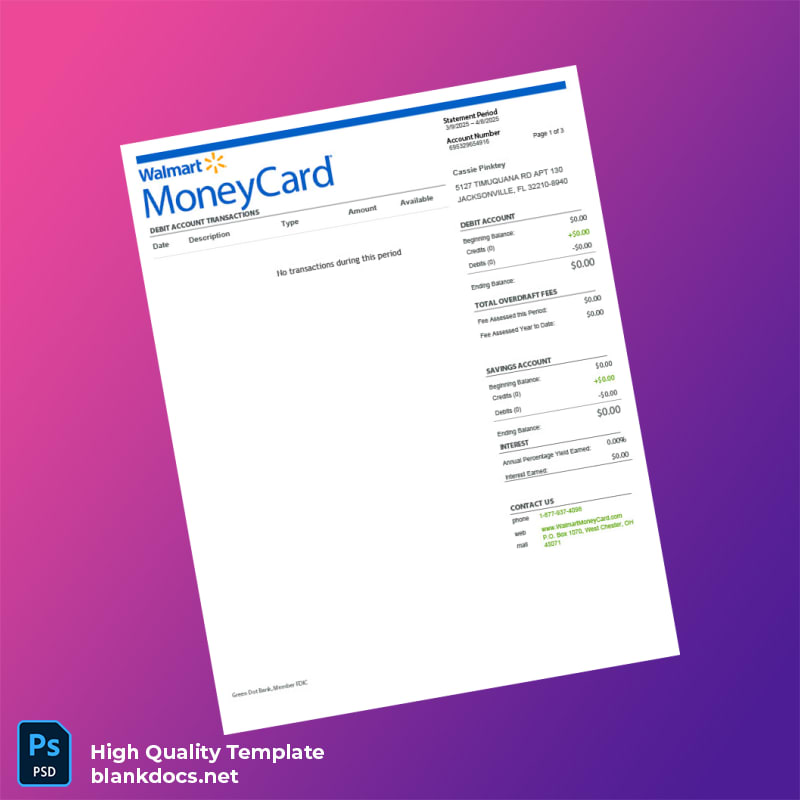 USA Walmart Money Card Bank Statement Template in Word and PDF formats