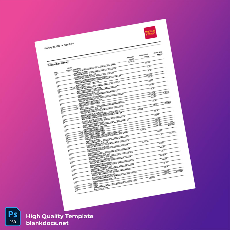 USA Wells Fargo Bank Statement Template in Word and PDF formats page 2
