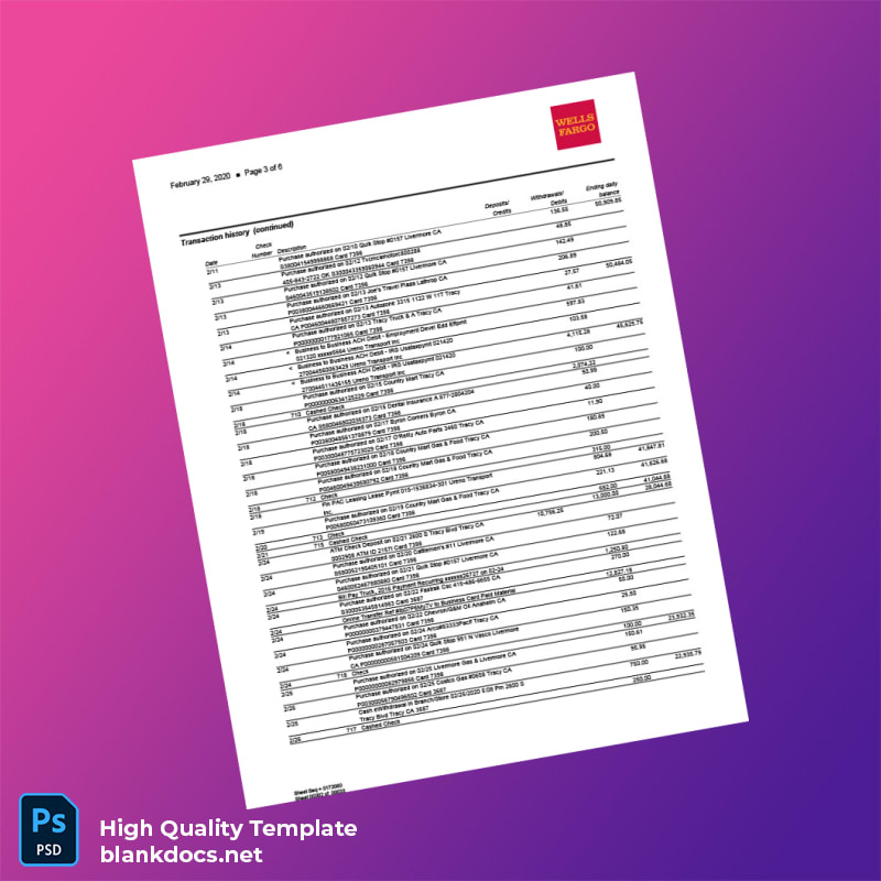 USA Wells Fargo Bank Statement Template in Word and PDF formats page 3