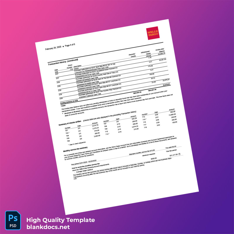 USA Wells Fargo Bank Statement Template in Word and PDF formats page 4