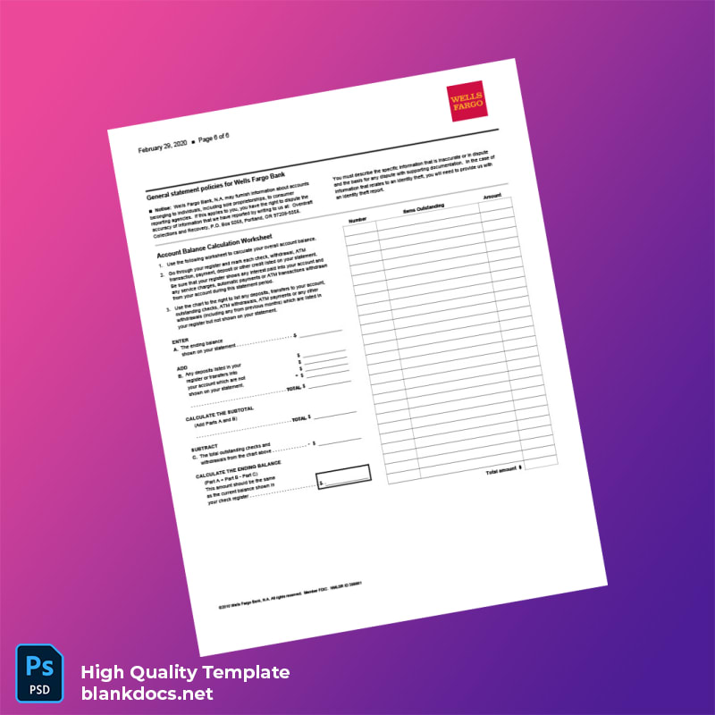 USA Wells Fargo Bank Statement Template in Word and PDF formats page 6