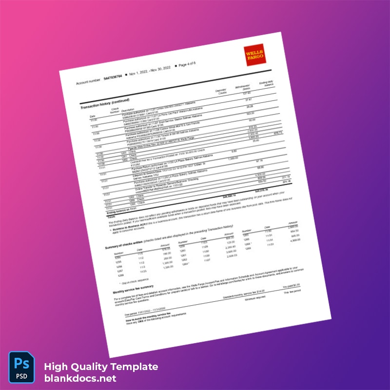 USA Wells Fargo Business Bank Statement Template in Word and PDF formats page 4