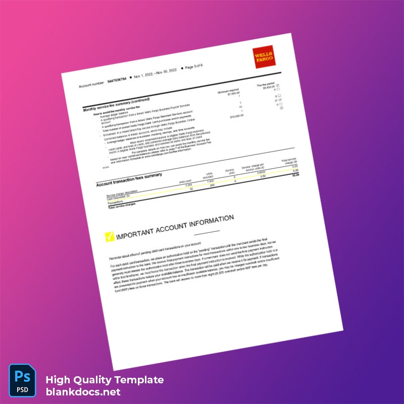 USA Wells Fargo Business Bank Statement Template in Word and PDF formats page 5