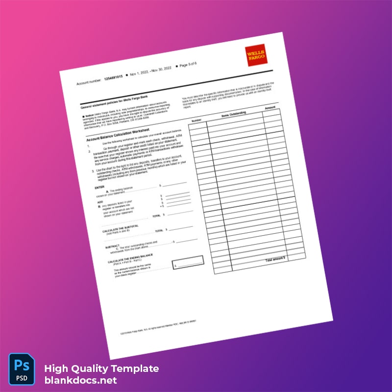 USA Wells Fargo Business Bank Statement Template in Word and PDF formats page 6