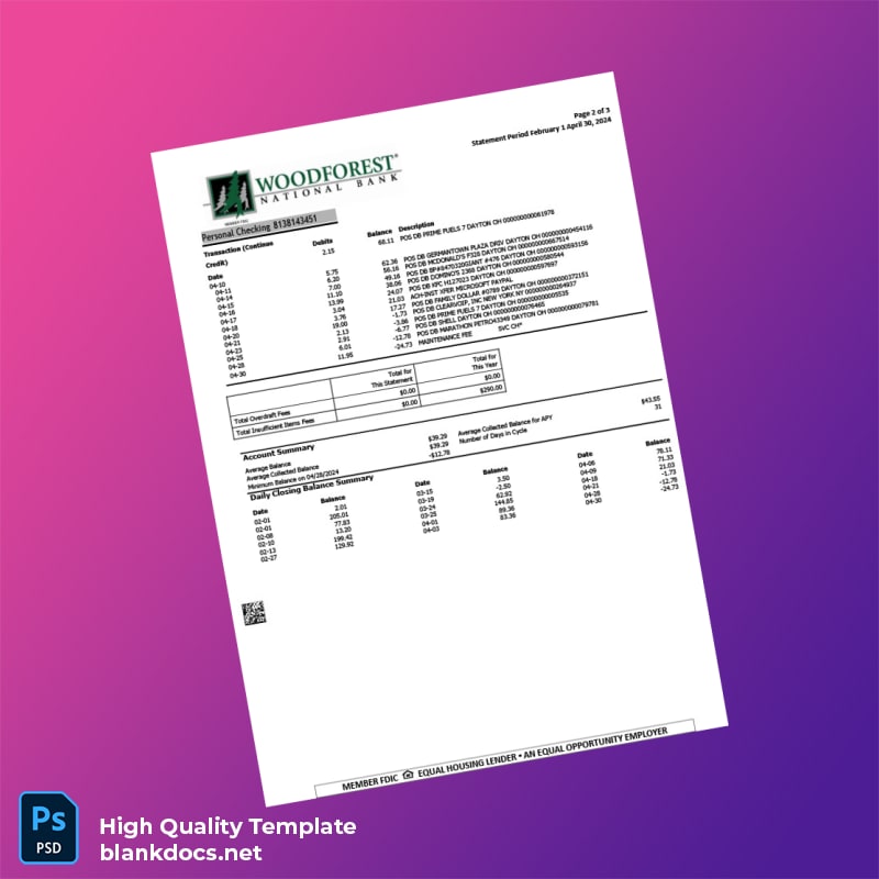USA Woodforest Bank Statement Template in Word and PDF formats page 2