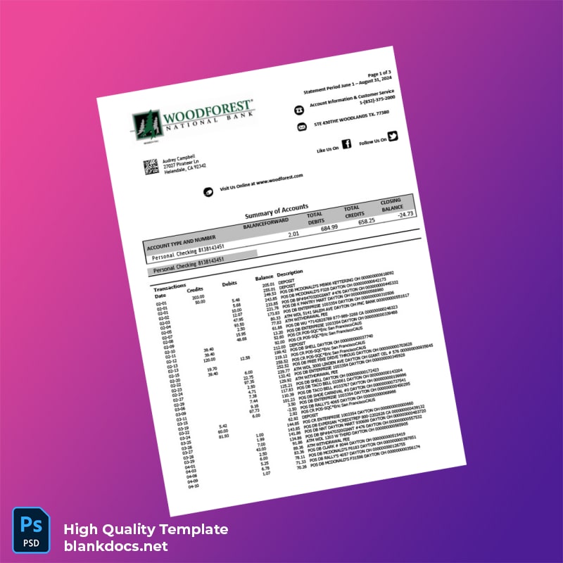 USA Woodforest Bank Statement Template in Word and PDF formats