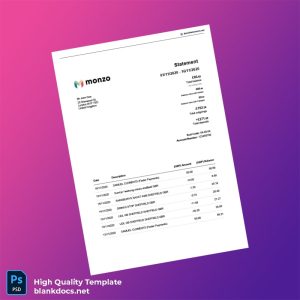 United Kingdom Monzo Bank Statement Template in Word and PDF formats