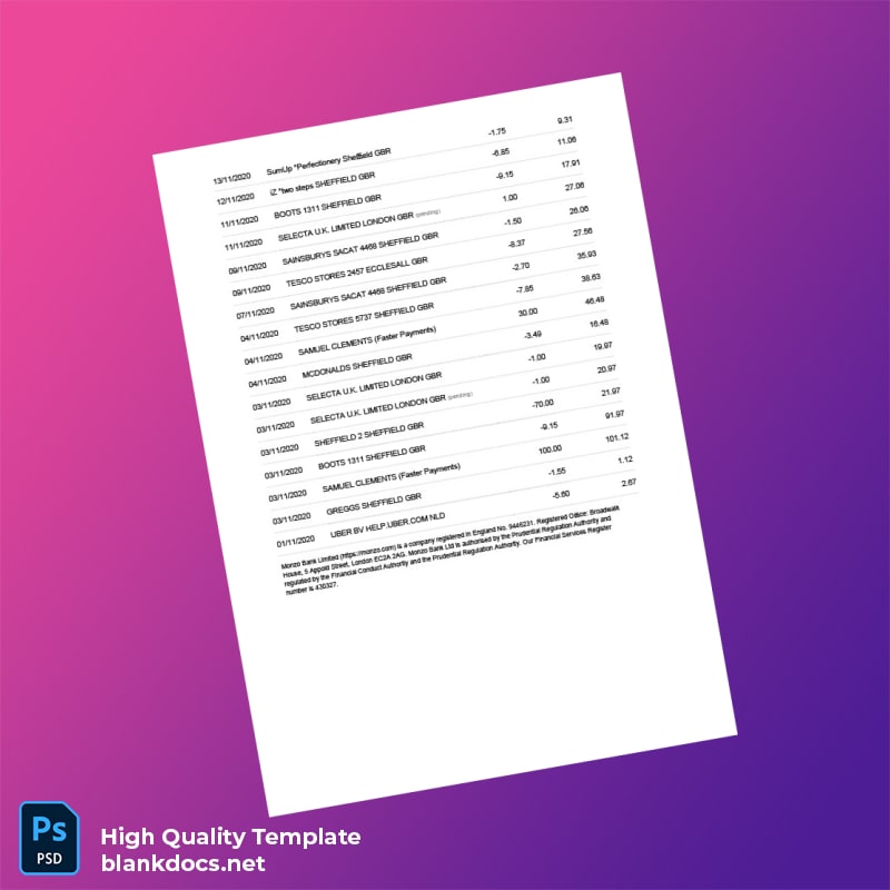 United Kingdom Monzo Bank Statement Template in Word and PDF formats page 2