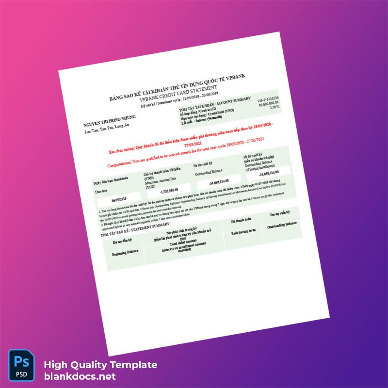 Vietnam Bank Statement Template in Word and PDF formats