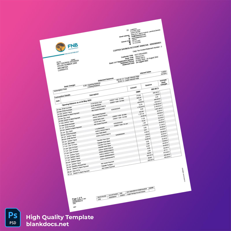 Zambia Bank Statement Template in Word and PDF formats