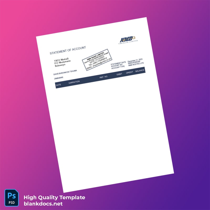 Zimbabwe NMB Bank Statement Template in Word and PDF formats