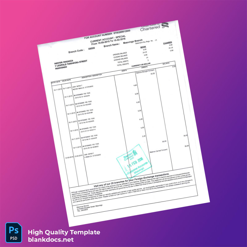 Zimbabwe Standard Chartered Bank Statement Template in Word and PDF formats