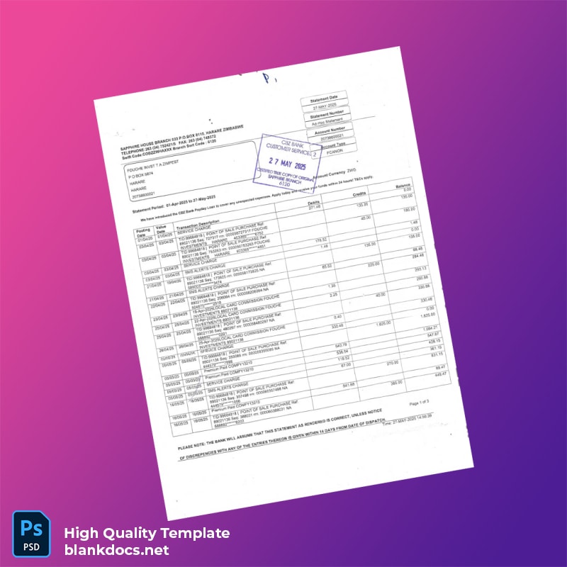 Zimbabwe Zimpest Stambed Bank Statement Template in Word and PDF formats page 2